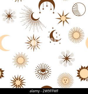 Magisches nahtloses Muster mit Sternbildern, Sonne, Mond, magischen Augen, Wolken und Sternen. Mystische esoterische Hintergründe für Design Stock Vektor