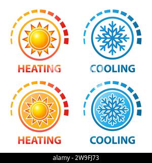 Temperaturregelung für Heizung und Kühlung, Anzeige für warm und kalt, Sonne und Schnee, Symbol für Klimaregelung. Kühler und Heizung. Warmer Frostsensor. Vektor Stock Vektor