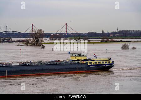 Hochwasser am Rhein bei Duisburg, Blick von Ruhrort nach Norden, über die Rheinwiesen von Duisburg-Homberg, zur Autobahnbrücke der A42, zwischen Duisburg-Bärl und Duisburg-Beeckerwerht, Frachtschiff, vom Hochwasser umspült, NRW, Deutschland, Hochwasser Rhein *** Hochwasser am Rhein bei Duisburg, Blick von Ruhrort im Norden, über die Rheinwiesen von Duisburg Homberg, bis zur Autobahnbrücke der A42, zwischen Duisburg Bärl und Duisburg Beeckerwerht, Frachtschiff, vom Hochwasser gewaschen, NRW, Deutschland, Hochrhein Stockfoto