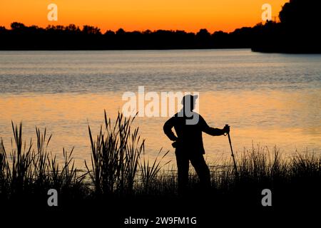 Batterson Park Teich Sonnenaufgang mit Rohrkolben, Batterson Park Teich Zustand Boot starten, New Britain, Connecticut Stockfoto