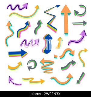 Große Auswahl an bunten, handgezeichneten Pfeilen in verschiedenen Positionen. Kollektion von Vektor-Designelementen im trendigen Retro-Stil. Stock Vektor