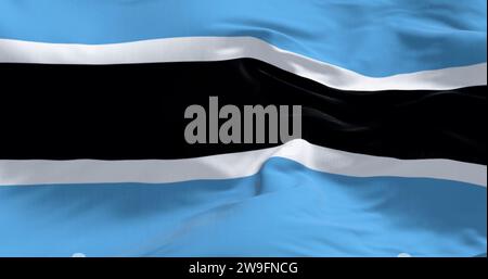 Nahaufnahme der botswanischen Nationalflagge. Hellblaues Feld mit einem horizontalen schwarz-weißen Streifen in der Mitte. 3D-Darstellung. Flattern Stockfoto