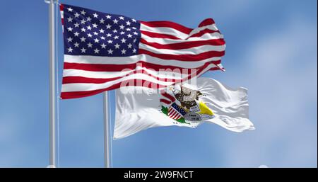 Die Bundesflagge von Illinois winkt mit der Nationalflagge der amerikanischen Flagge an einem klaren Tag. US-Bundesflagge. Stolz und Patriotismus. 3D-Abbildung r Stockfoto