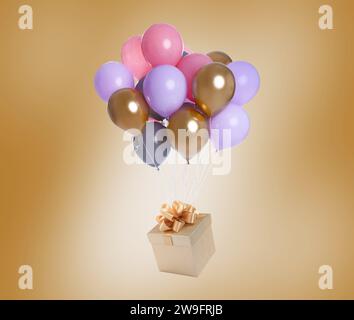 Viele Ballons auf goldenem Hintergrund an eine Geschenkbox gebunden Stockfoto