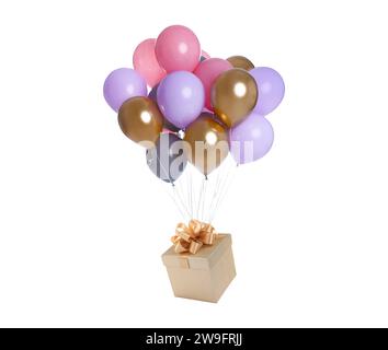 Viele Ballons, die an eine Geschenkbox gebunden sind, auf weißem Hintergrund Stockfoto