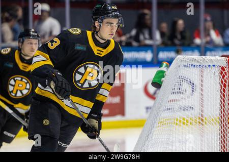 Rochester, New York, USA. Dezember 2023. Providence Bruins Stürmer Brett Harrison (43) Skates in der zweiten Periode gegen die Rochester Americans. Die Rochester Americans veranstalteten die Providence Bruins in einem Spiel der American Hockey League in der Blue Cross Arena in Rochester, New York. (Jonathan Tenca/CSM). Quelle: csm/Alamy Live News Stockfoto