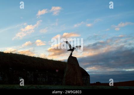 Osprey Skulptur Silhouette am frühen Morgen bei Sonnenaufgang. Spey Bay, Morayshire, Schottland Stockfoto