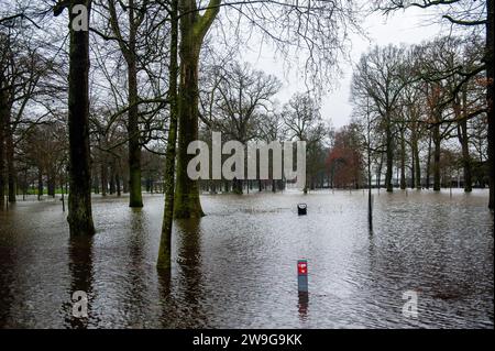 Deventer, Niederlande. Dezember 2023. Bäume werden von Wasser umgeben gesehen. Aufgrund des steigenden Wassers in der IJssel stellt die Gemeinde Deventer Sandsäcke an den Kai, um die Altstadt zu schützen. Der starke Regen, der in den letzten Monaten gefallen ist, kombiniert mit der Tatsache, dass die Alpen für diese Jahreszeit ungewöhnlich warm sind, hat die IJssel in Overijssel, Gelderland, Drenthe, Brabant und Limburg überschwemmt. Quelle: SOPA Images Limited/Alamy Live News Stockfoto