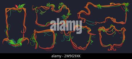Rahmen und Rahmen aus verdrehtem und verwickeltem Lianenzweig mit grünen Blättern. Cartoon-Vektor-Regenwald-Baumstamm in rechteckiger und kreisförmiger Form. Kletterpflanze im Dschungel für das ui-Design des Spiels. Stock Vektor