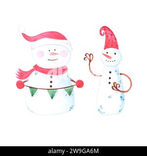 Handgezeichneter Schneemann in einem Hut. Weihnachtsillustration isoliert auf weißem Hintergrund. Kann für Karten, Etiketten, Scrapbook und andere bedruckte Materialien verwendet werden Stockfoto