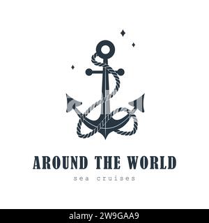 Auf der ganzen Welt. Seefahrtslogo mit Ankersymbol. Bootstour auf See. Vektorvorlage für Ozeanreisen auf weißem Hintergrund Stock Vektor