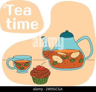 Vektor-Illustration des Teepartys Set, Teezeit gemacht aus Teekanne, Tassen und Muffin Stock Vektor