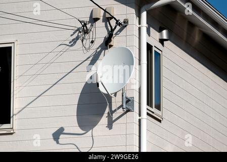 Kabel-TV, Satellitenschüssel an der Wand eines Hauses. Stockfoto