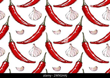 Nahtloses Lebensmittelmuster mit aromatischen roten Paprika und Knoblauch. Nahtloser Lebensmittelhintergrund für Textilien, Verpackungen und Restaurantkarten. Handgezeichnetes Illustrat Stockfoto