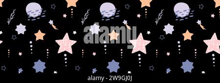 Böhmisches Babymuster. Nahtloses Babymuster im Boho-Stil. Böhmisches Muster für Kinder mit organischen Formen und Sternen auf blauem Hintergrund. Stock Vektor