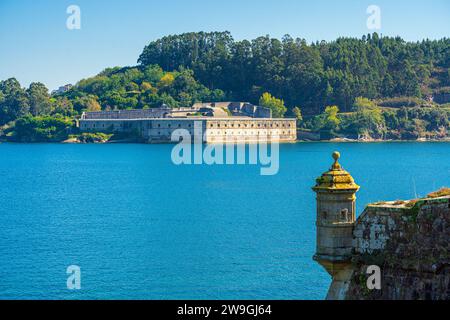 Malerischer Blick auf die Ria de Ferrol in Galicien, Spanien, mit den Schlössern Palma und San Felipe Stockfoto