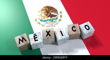 Mexiko auf Spanisch - Holzwürfel und Landflagge - 3D-Illustration Stockfoto