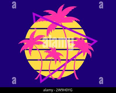 Palmen der 80er Jahre bei Sonnenuntergang. Sommerzeit. Futuristische Retro-Sonne. Synthwave- und retrowave-Stil. Design für Werbebroschüren, Banner und Poster. Vec Stock Vektor