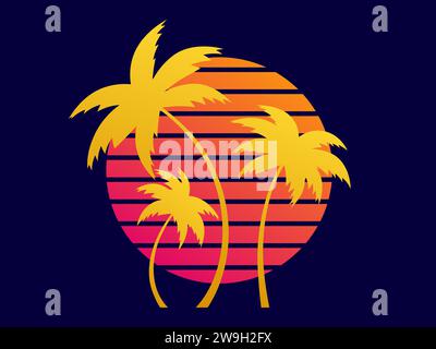 Drei Palmen bei Sonnenuntergang im futuristischen Retro-Stil. Sommerzeit. Silhouetten von Palmen vor dem Hintergrund eines abfallenden Sonnenuntergangs. Design für Stock Vektor