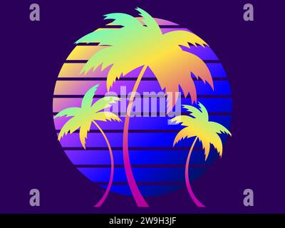 Palmen im Retro-Sci-fi-Stil der 80er Jahre bei Sonnenuntergang. Gradientenpalmen vor einem Hintergrund von Gradientensonne. Futuristische Sonne-Retro-Welle. Design für Broschüre Stock Vektor