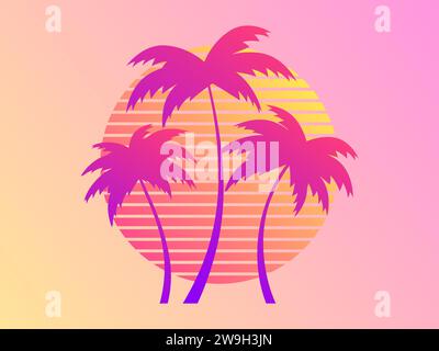 Drei Palmen bei Sonnenuntergang im futuristischen Retro-Stil. Sommerzeit. Silhouetten von Palmen vor dem Hintergrund eines abfallenden Sonnenuntergangs. Design für Stock Vektor