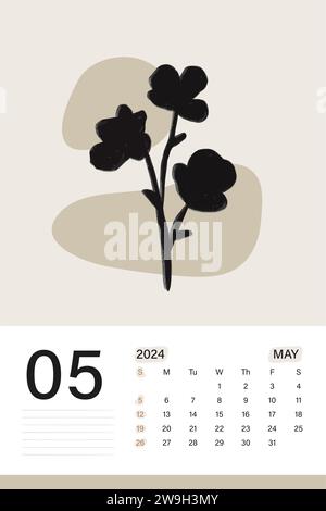 Mai 2024 Wandkalender in weichem Beige Farbthema mit botanischer Kunst, Wochen beginnen am Montag, Vektor-Illustration Design Stock Vektor