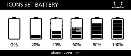 Lineare Symbole zum Laden der Batterie eingestellt. Batteriestatusanzeigen. Niedrige, mittlere und hohe Ladung. Symbole für dünne Linienkonturen. Isolierte Vektorkontur Stock Vektor