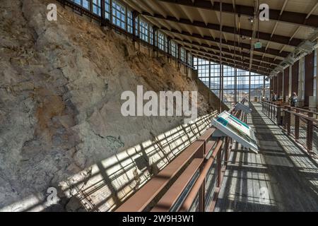 Der Balkon mit Blick auf die Mauer der Knochen in der Ausstellungshalle des Steinbruchs im Dinosaur National Monument. Jensen, Utah. Stockfoto