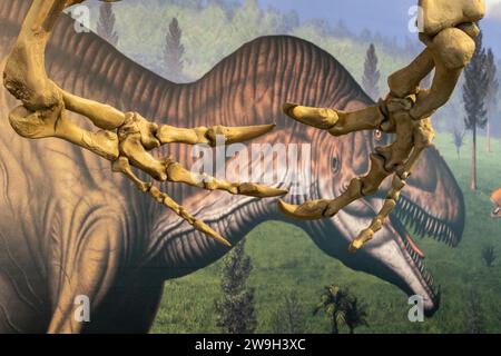 Detail der Krallen eines Allosaurus fragilis in der Quarry Exhibit Hall am Dinosaur National Monument in Utah. Stockfoto