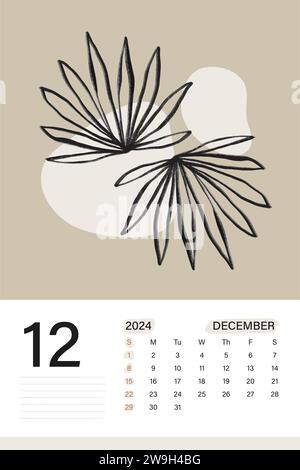 Dezember 2024 Wandkalender in weichem Beige Farbthema mit botanischer Kunst, Wochen beginnen am Montag, Vektor-Illustration Design Stock Vektor