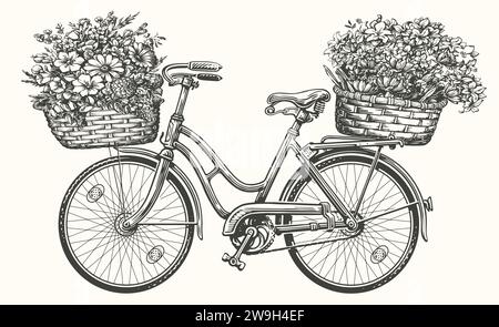 Handgezeichnetes Retro-Fahrrad mit Frühlingsblumen und Pflanzen im Korb. Vektorillustration für Vintage-Skizzen Stock Vektor