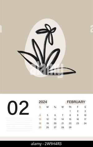 Februar 2024 Wandkalender in weichem Beige Farbthema mit botanischer Kunst, Wochen beginnen am Montag, Vektor-Illustration Design Stock Vektor