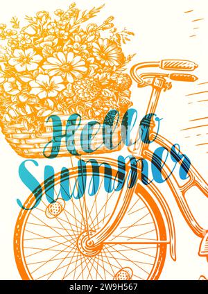 Fahrrad mit Frühlingsblumen im Korb. Vintage-Fahrrad und Blumen, Pflanzen. Hallo Sommer, Vektor-Illustration Stock Vektor