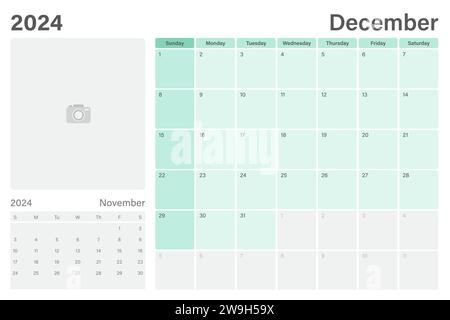 Dezember 2024 Tischkalender oder Tischplaner mit Platz für Ihr Bild, Vektordesign, Wochen beginnen am Sonntag Stock Vektor