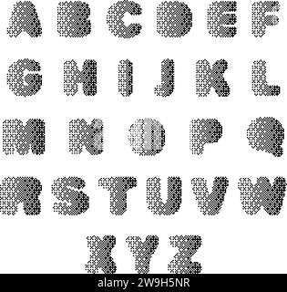 Halbton-Pixel-Alphabet. Dekorative, gepunktete Vintage-Schriftart. Zeichensatz mit verrauschter Textur für das Design des Technologiebooks. Vektorabbildung. Stock Vektor