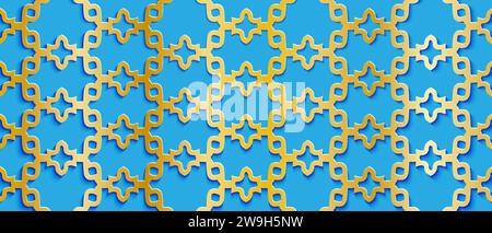 Hintergrund mit arabischem Rich-Muster. Textur des goldenen islamischen Ornaments mit Schatten auf blauem Hintergrund. Vektorabbildung. Stock Vektor