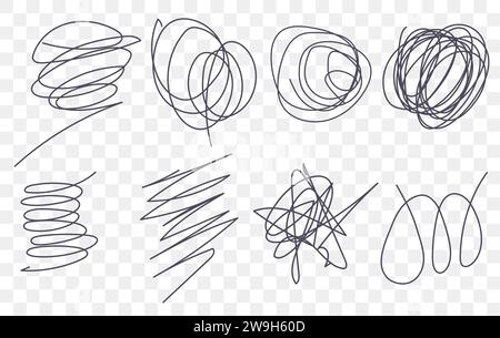 Marker gezeichneter Scribble-Vektorsatz. Kindliche Zeichnung. Hand zeichnet Kalligraphie-Wirbel. Lockige Pinselstriche, Markierer als grafische Designelemente Stock Vektor