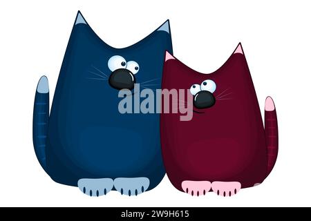 Kätzchen Paar. Lustige blaue und rote Katze im Cartoon-Stil. Paar niedliche Katzen in der Liebe. Niedliche Kätzchen Charakter. Stilisierte Tomcat Vorderansicht. Vektor-Illustration Stock Vektor