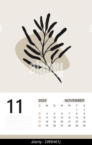 November 2024 Wandkalender in weichem Beige Farbthema mit botanischer Kunst, Wochen beginnen am Montag, Vektor-Illustration Design Stock Vektor