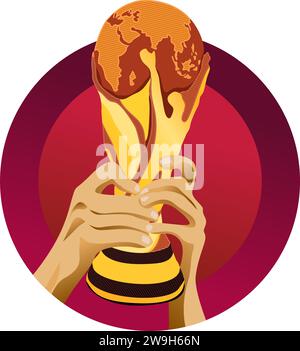 Hände, die die Meisterschafttrophäe halten. Vektorillustration mit flachem Stil, isoliert auf einem burgunderroten Hintergrund. Stock Vektor