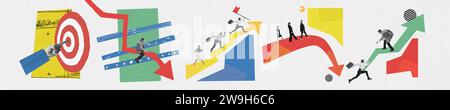 Banner. Zeitgenössische Kunstcollage. Nimmt ab und erhöht sich. Geschäftsphasen, die viele Versuche auf dem Weg zum erfolgreichen Erreichen des Ziels symbolisierten. Stockfoto