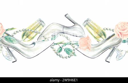 Schuhe, Brillen, Rosen, nahtlose Borten, Aquarelle. Feiertagsvorlage isoliert auf weißem Hintergrund. Hochzeitseinladungen, Karten, Briefe, Valentinstag. Stockfoto