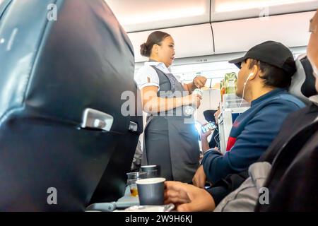 Flugbegleiter serviert Mahlzeiten und Getränke für Passagiere in einer Flugzeugkabine, Air Astana Airlines, Kasachstan Stockfoto