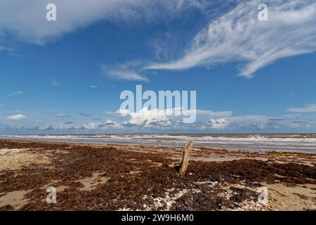 Sargent Beach auf der Südseite des Intracoastal Waterway, mit blauem Himmel und weißen Wolken über den Wellen, die in den Strand kommen. Stockfoto