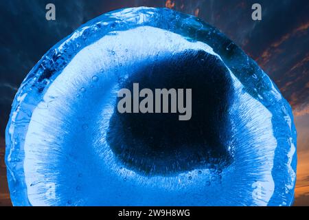 Gefrorenes Wasser Eis Luftblasen in Eisfarben Abstraktion schöne Hintergrundmuster transparentes Bild Stockfoto