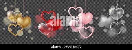 Eine Reihe von romantischen Kompositionen von Herzen in verschiedenen Farben. Realistische Vektordarstellung Stock Vektor
