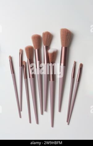 Set mit Make-up-Bürsten, die auf weiße Tischoberfläche verteilt sind, verschiedene Formen und Größen von wichtigen Kosmetikwerkzeugen, die für bestimmte Zwecke entwickelt wurden, aufgenommen von St. Stockfoto