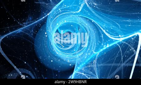 Blau leuchtendes multidimensionales Quantenkraftfeld mit Elementarteilchen Stockfoto