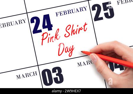 Februar Handschrift Pink Shirt Day am Kalenderdatum. Speichern Sie das Datum. Urlaub. Tag des Jahres-Konzept. Stockfoto