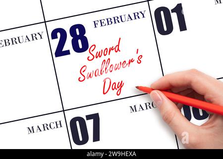 Februar. Handschrift zum Tag des Schwertschluckers am Kalenderdatum. Speichern Sie das Datum. Urlaub. Tag des Jahres-Konzept. Stockfoto